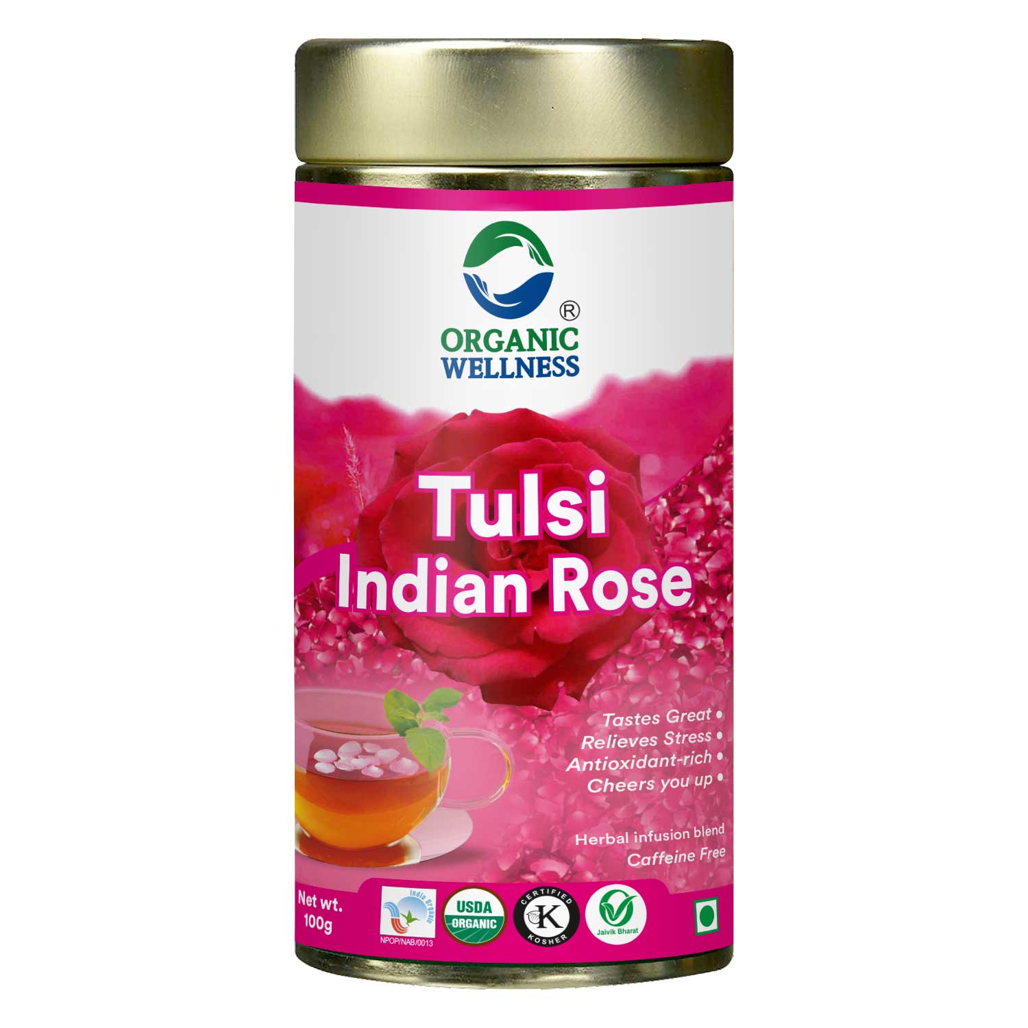 Organic Wellness Tulsi Indian Rose Tea Tin Pack | Made With Tulsi & Fragrant Indian Rose | Rich In Antioxidants | Stress Reliever | Immunity Booster | Good For Skin