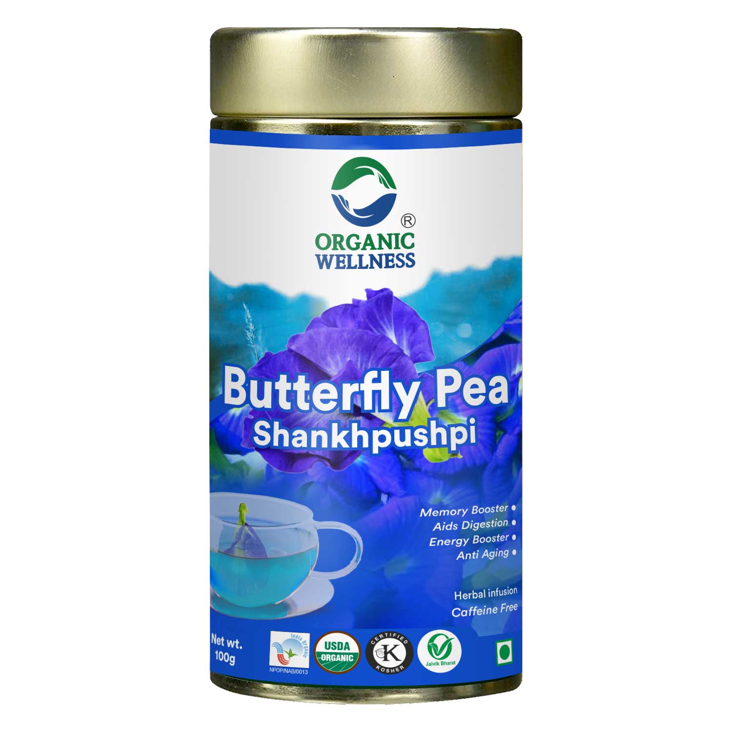 Organic Wellness 100% Natural Herbal Tea Butterfly Pea Flower Tea I Caffeine Free for Stress Relief I Memory Boosting Tea | Calming Tea, Brain Stimulant, Rich in Antioxidants